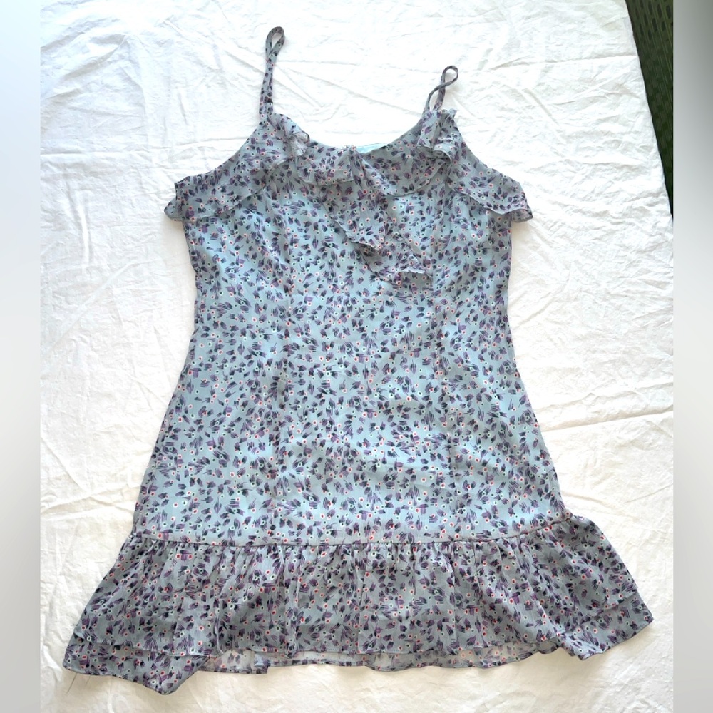 Lulus Blue Floral Sing Sweetly Floral Print Ruffle Minidress Size Medium
